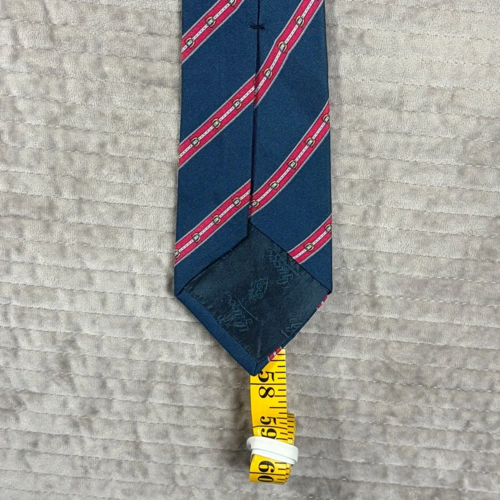 Gucci Mens Silk Tie Navy Blue‎ Red White Striped Equestrian Buckle Made in Italy